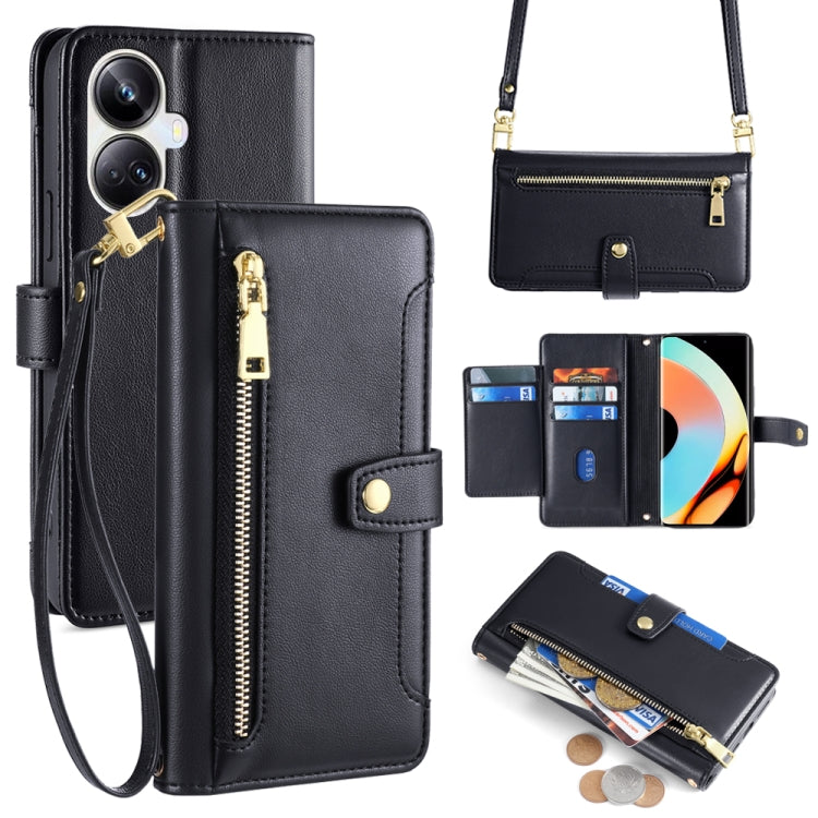 Black leather cross-body phone wallet case with zipper, card slots, gold clasp