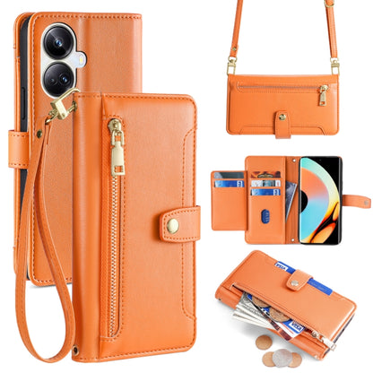 Orange leather cross-body phone wallet case with zipper, card slots, gold clasp