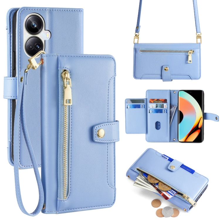 Light blue leather cross-body phone wallet case with zipper and card storage