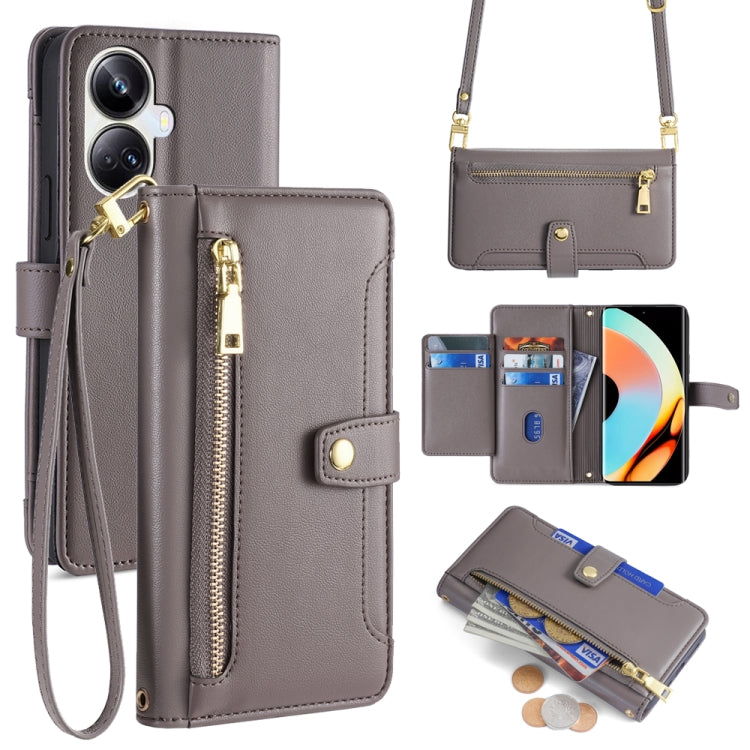 Grey leather cross-body phone wallet case with zipper and card storage