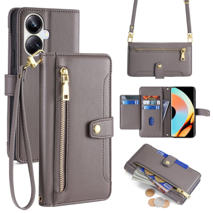 Grey leather cross-body phone wallet case with zipper and card storage