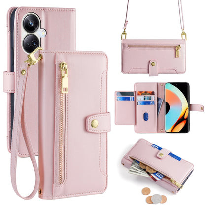 Pink leather cross-body phone wallet case with zipper and card storage