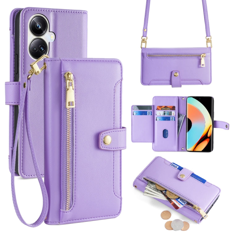 Purple leather cross-body phone wallet case with zipper and card storage