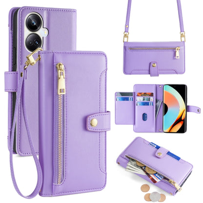 Purple leather cross-body phone wallet case with zipper and card storage