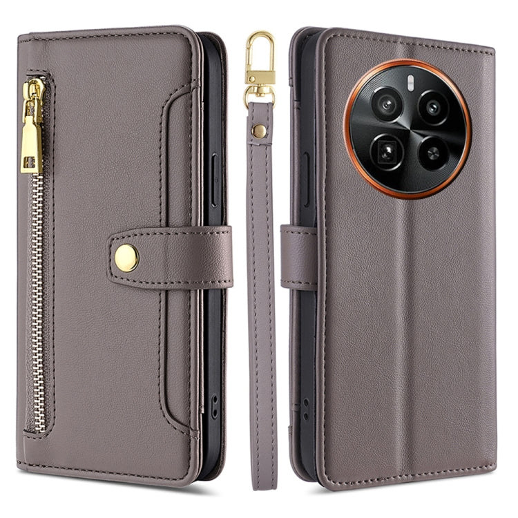Grey zippered wallet phone case with cross-body strap, card slot, and camera cutout