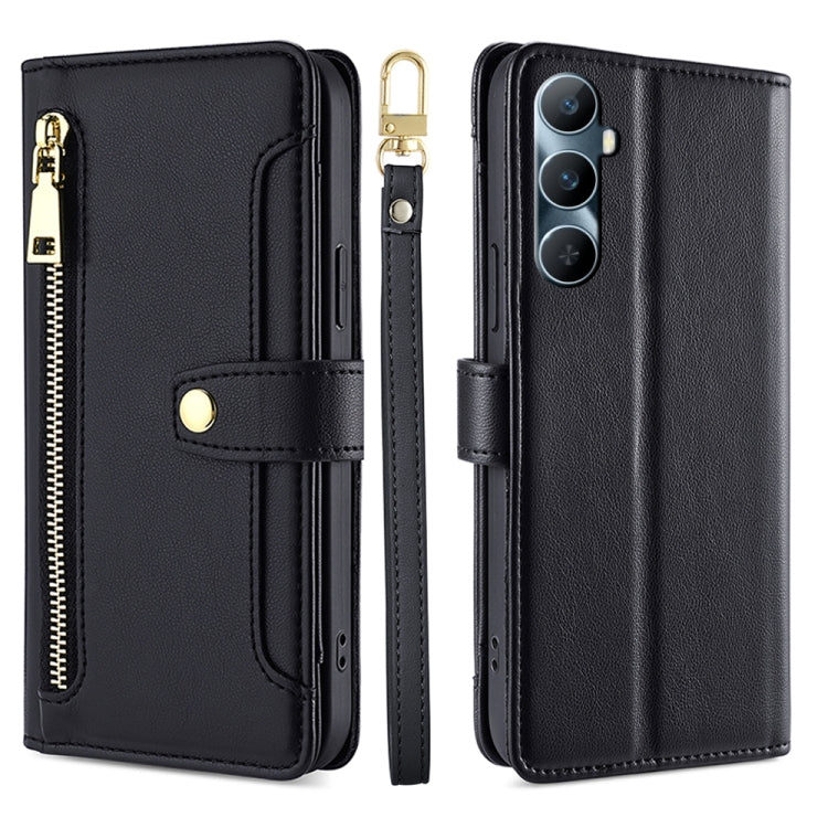Black cross-body zipper wallet phone case with front card slot and wrist strap.