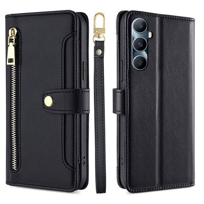 Black cross-body zipper wallet phone case with front card slot and wrist strap.