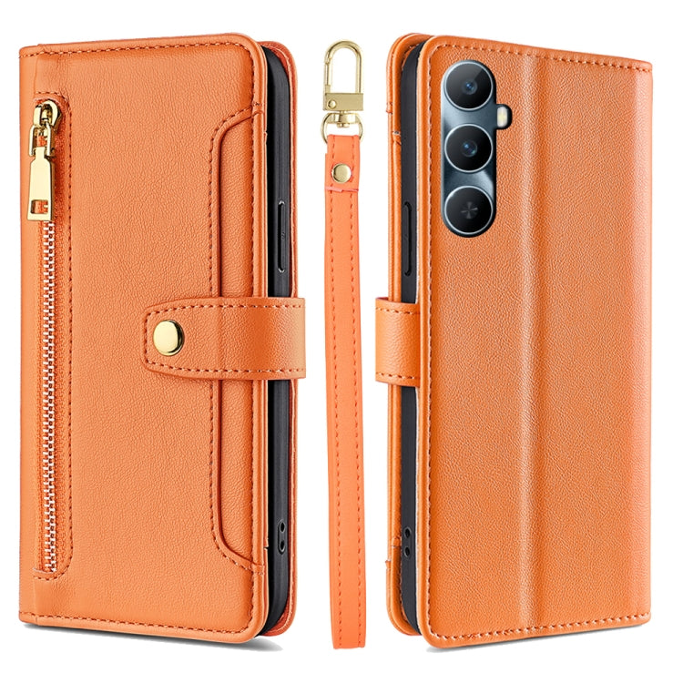 Orange cross-body zipper wallet phone case with front card slot and wrist strap.