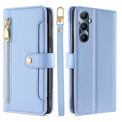 Light blue cross-body zipper wallet phone case with front card slot and wrist strap.