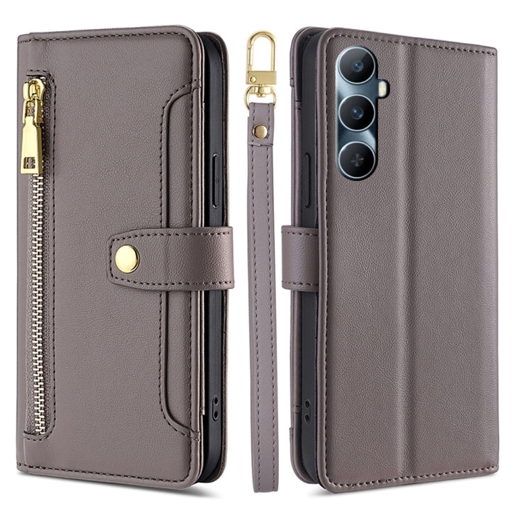 Dark gray cross-body zipper wallet phone case with front card slot and wrist strap.