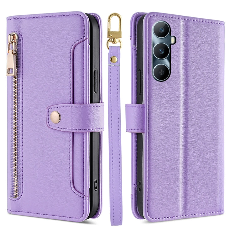 Lavender purple cross-body zipper wallet phone case with front card slot and wrist strap.