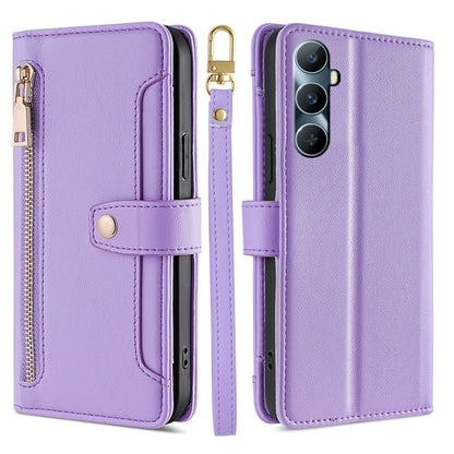 Lavender purple cross-body zipper wallet phone case with front card slot and wrist strap.