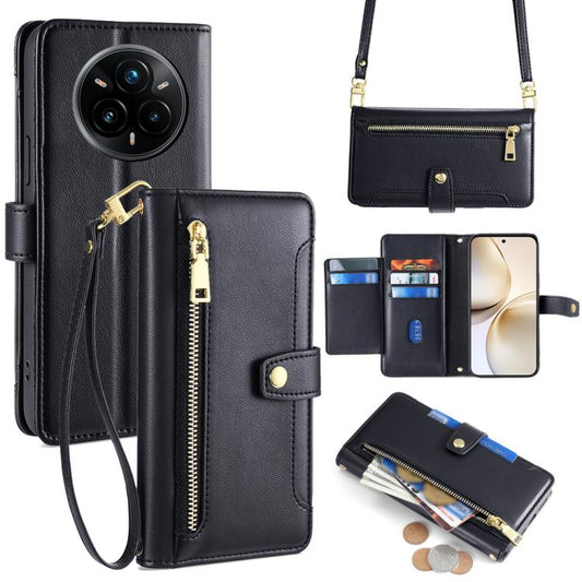 Black leather phone cross-body wallet case with zipper pocket and card slots