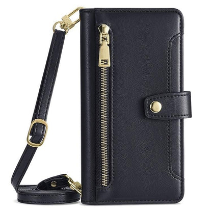 Black leather cross-body phone wallet case with front zipper and snap strap