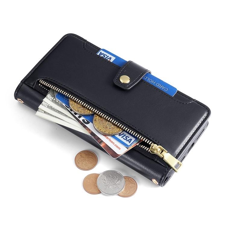 Black leather phone wallet case open showing zipper compartment and card slots