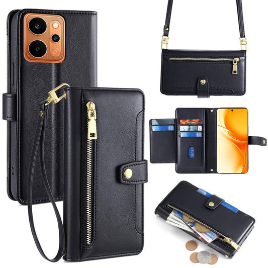 Black leather cross-body wallet phone case with front zipper and strap, card slots visible.