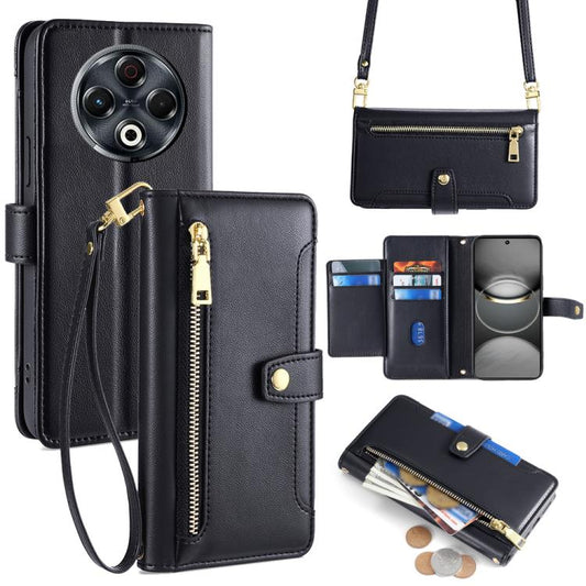 Black leather cross-body phone wallet with zipper, card slots, and wrist strap