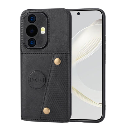 Magnetic phone case with double card slots and buckle, dark leather-style finish