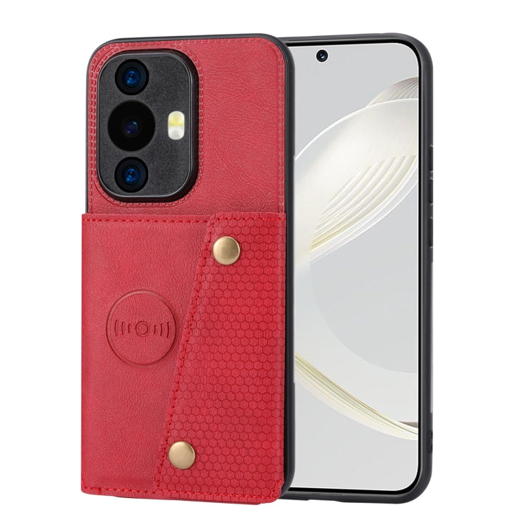 Magnetic phone case with double card slots and buckle, red leather-style cover