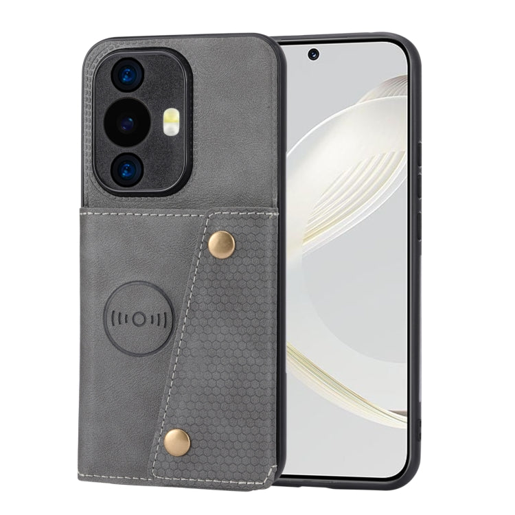 Grey magnetic phone case with double card slots, textured panel, and gold snap
