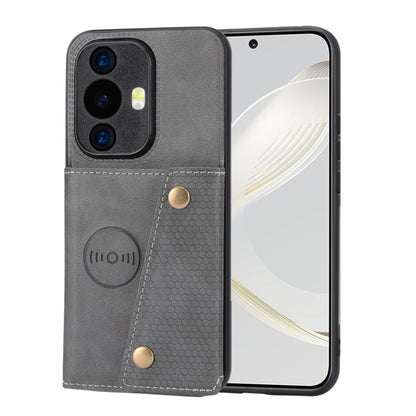 Grey magnetic phone case with double card slots, textured panel, and gold snap