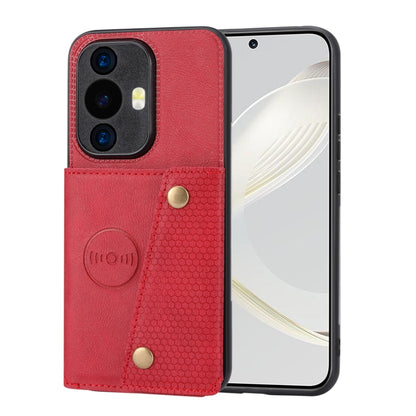 Red magnetic phone case with double card slots, textured panel, and gold snap