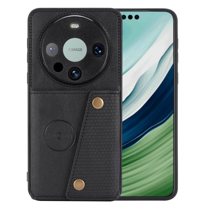 Magnetic phone case with double card slots, dark textured leather look, buckle tab