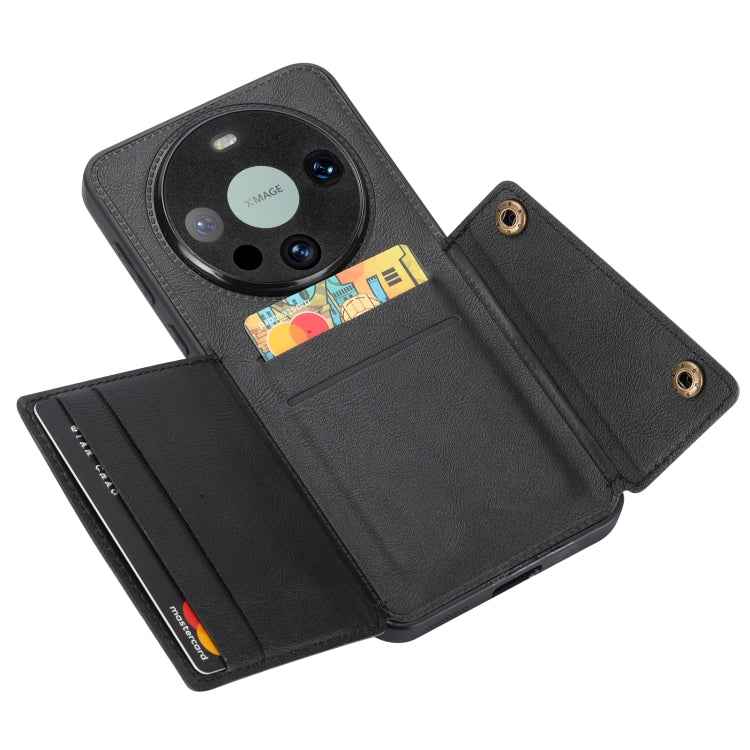 Magnetic phone case with double card slots, black folio wallet style with snap closure