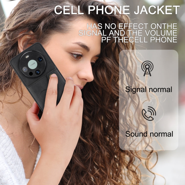 Magnetic phone case with double card slots, black wallet style being held by a person