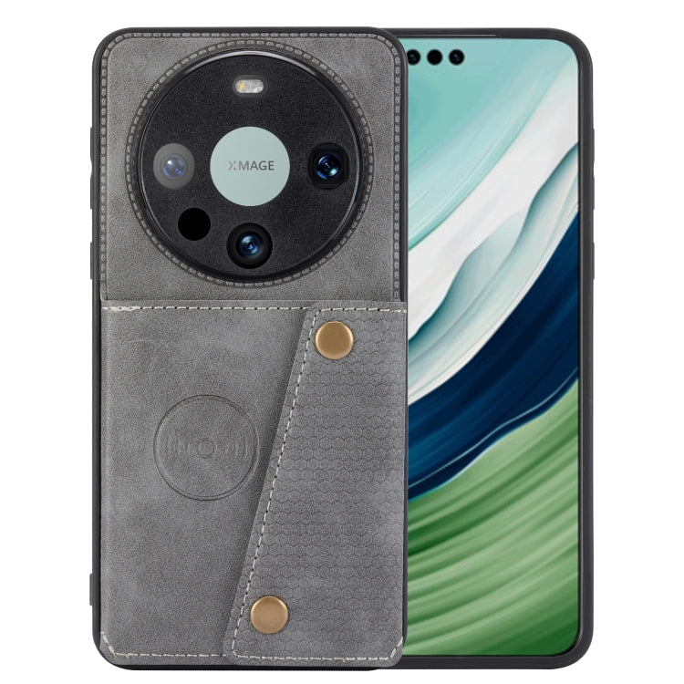 Magnetic phone case with double card slots, gray folio with camera cutout and metal buttons