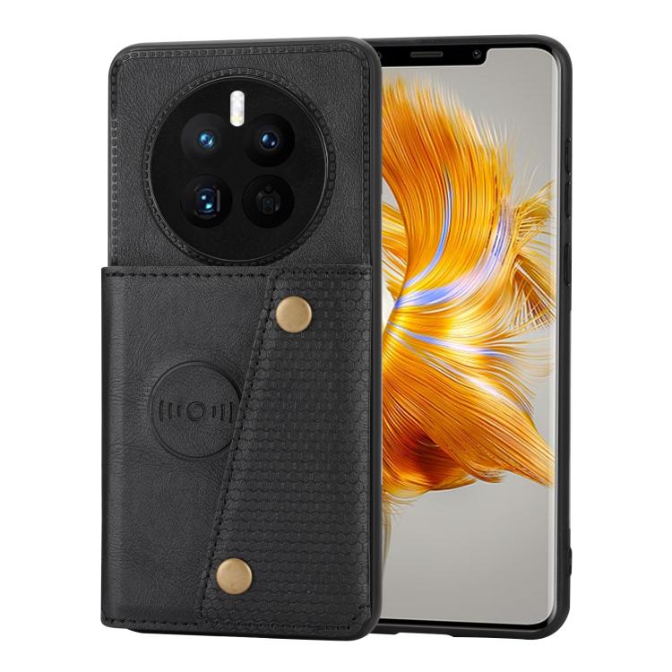 Black wallet phone case with double buckle, card slots, and magnetic closure
