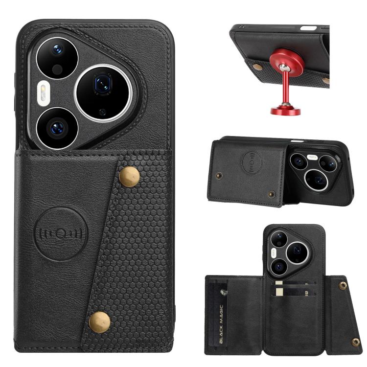 Magnetic card phone case with double buckle, textured flap, and phone camera cutouts