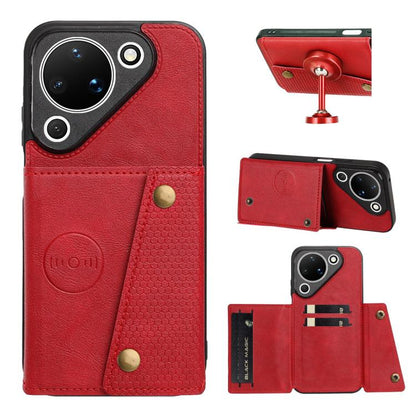 Red leather phone wallet case with magnetic flip and double card slots, snap closure