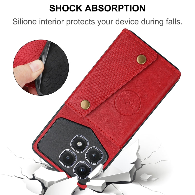 Red wallet-style phone case with double card slots and shock-protective design