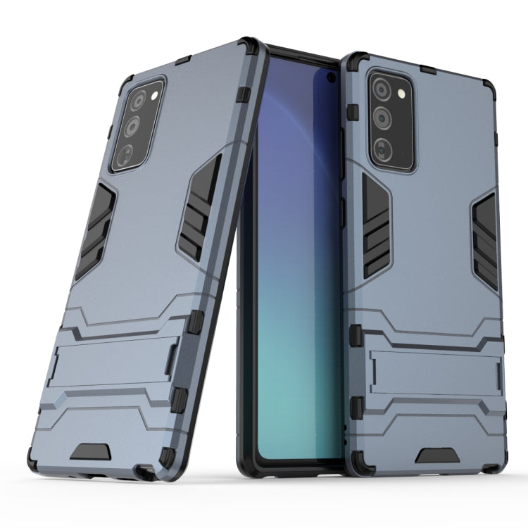 Rugged light blue-gray shockproof phone case with black trim and camera cutouts