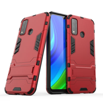 Red rugged shockproof phone case with holder, dual camera protection, front and back