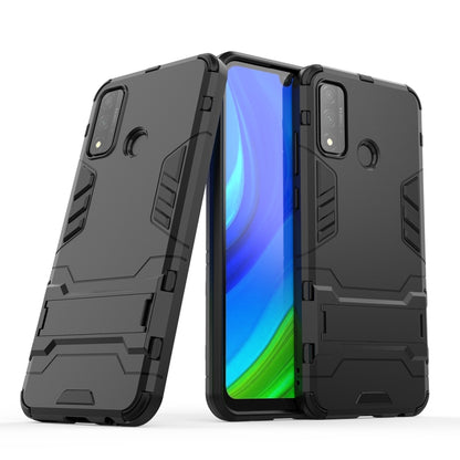 Black shockproof phone case with holder, rugged textured armor and camera cutouts