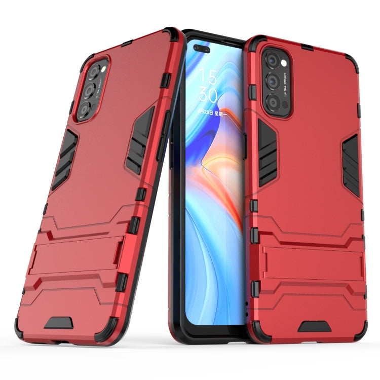 Red rugged shockproof phone case with holder, screen shown, raised camera guards