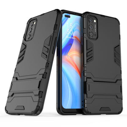 Black shockproof phone case with holder, raised edges and reinforced corner bumpers