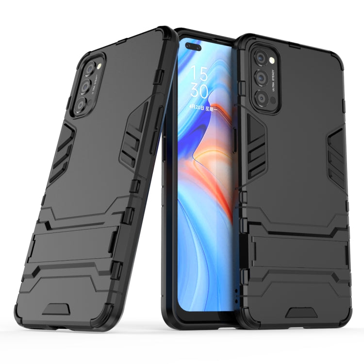 Black shockproof phone case with holder, rugged side grips and camera protection
