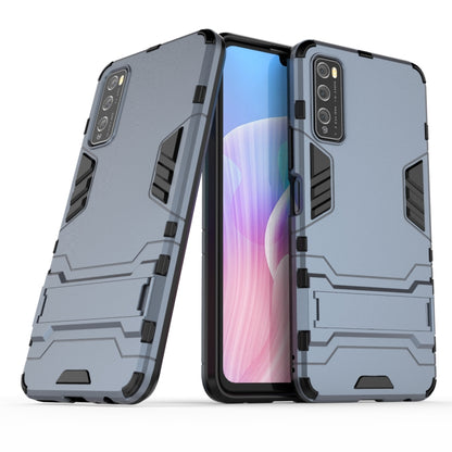 Navy rugged shockproof phone case with holder, screen visible, raised camera protection
