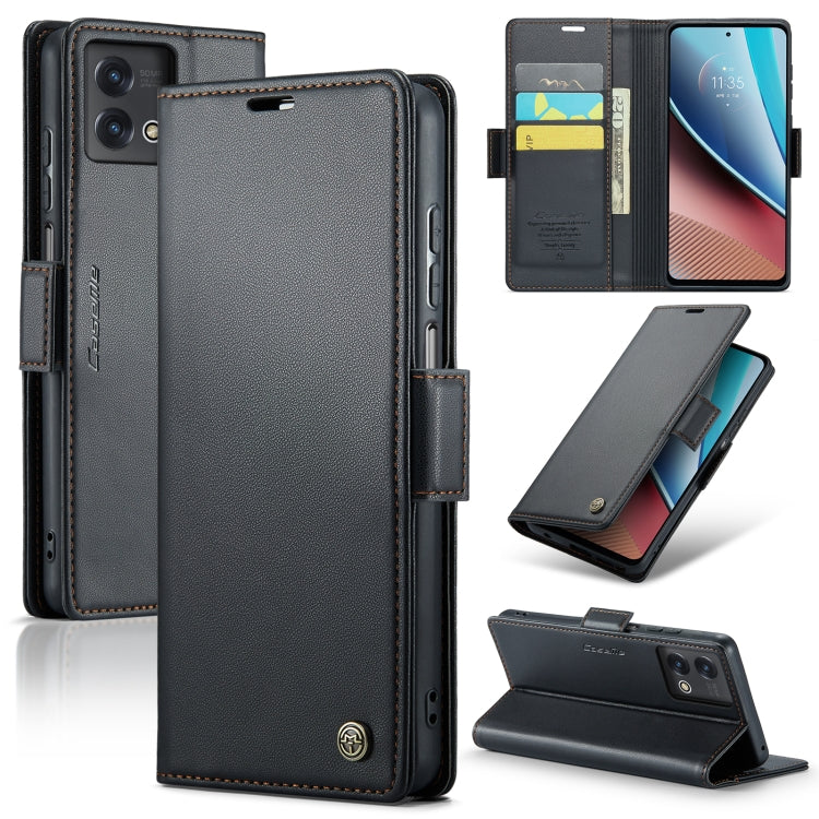 Black leather folio phone case with flip cover, card slots, and secure buckle strap