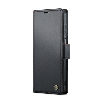 Black leather folio phone case with flip cover and side card holder