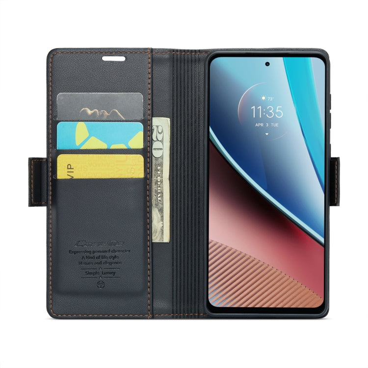 Black leather folio phone case open view with card slots and phone screen
