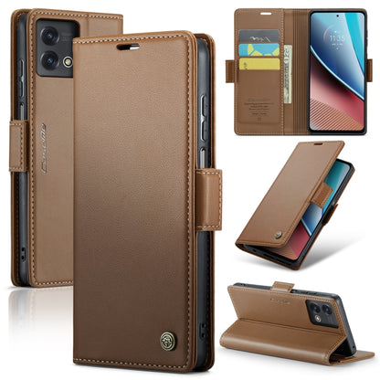 Brown leather folio phone case with flip cover, card slots, and buckle strap