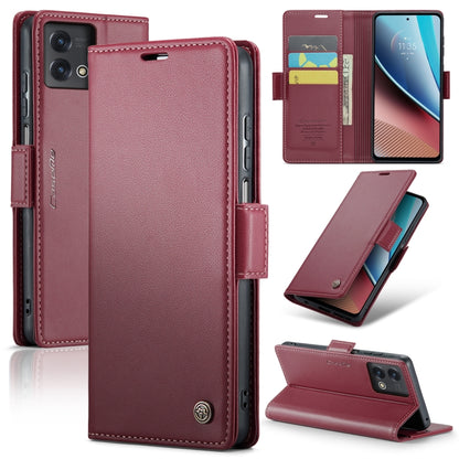 Wine red leather folio phone case with flip cover, card slots, and buckle strap