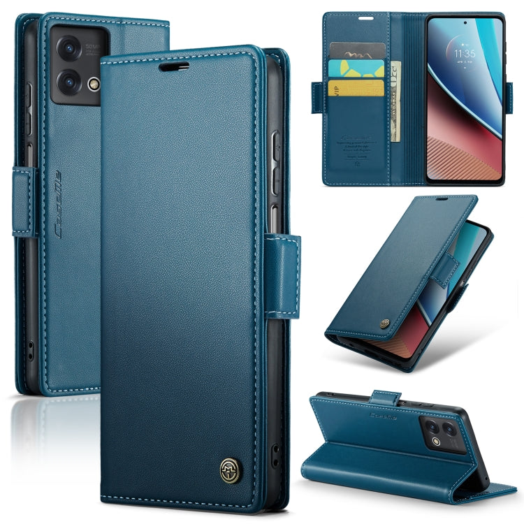 Blue leather folio phone case with flip cover, card slots, and buckle strap