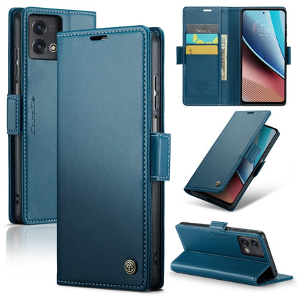 Blue leather folio phone case with flip cover, card slots, and buckle strap