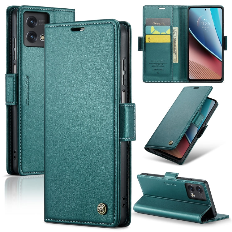 Teal leather folio phone case with flip cover, card slots, and buckle strap