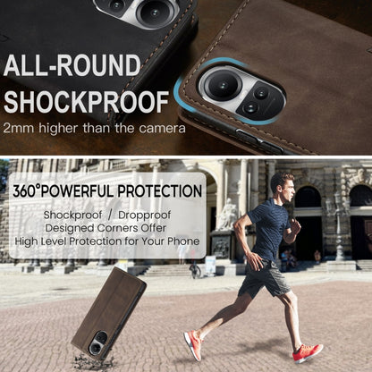 Brown leather flip phone case with raised camera protection and stitched trim